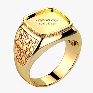 3D Signet Engraving Gold Ring Leather Pattern
