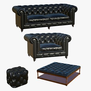 3D model Chesterfield Realistic Sofa Leather Coffee Table Ottoman