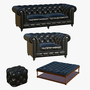 Chesterfield Realistic Sofa Leather Coffee Table Ottoman