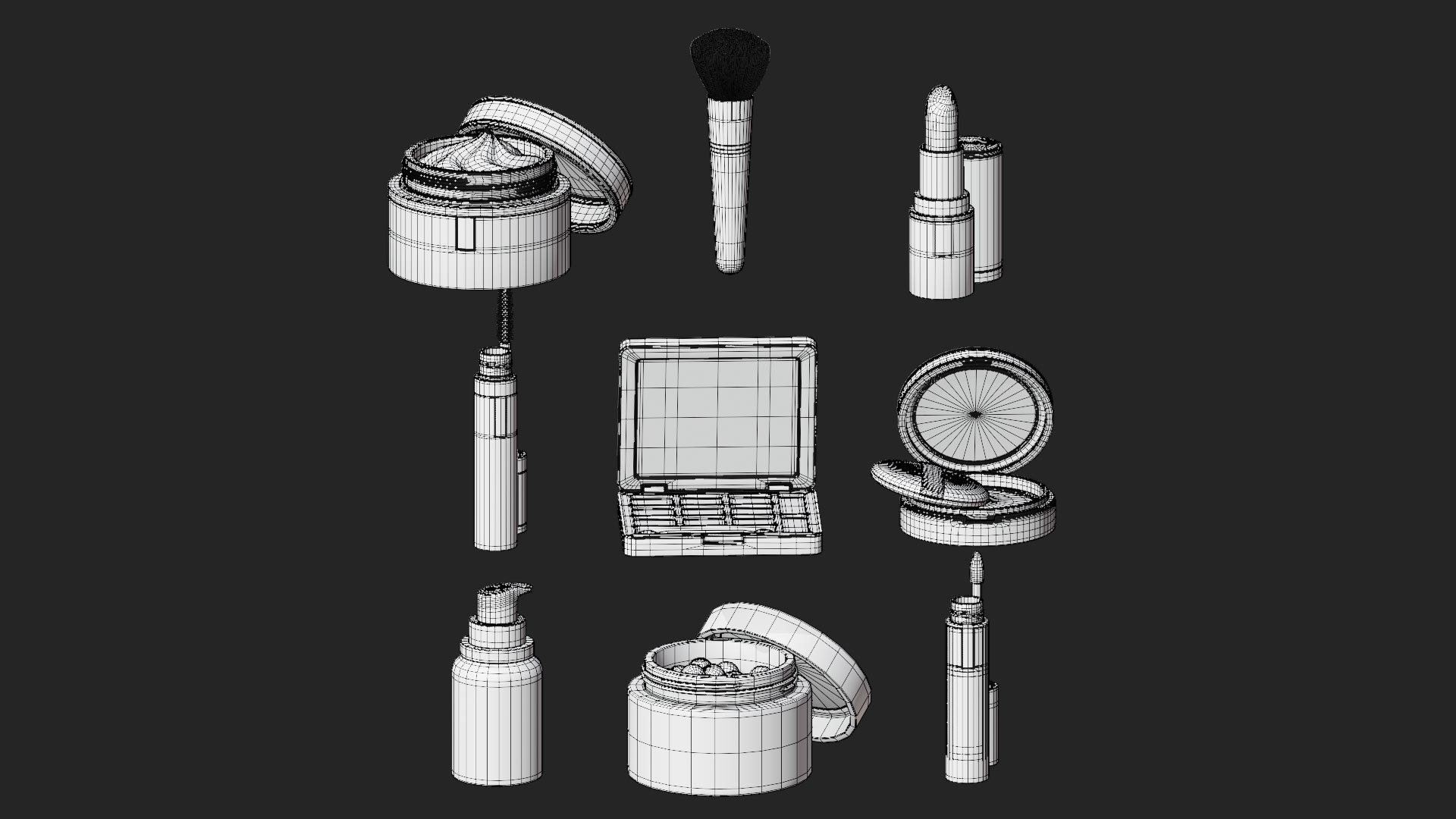 Makeup Essentials Pack 3D model https://p.turbosquid.com/ts-thumb/OF/iUuPTI/gL/cosmetics_wireframe/jpg/1769870635/1920x1080/fit_q87/0d6adb0d45f2e8ae70819d66e2ad19febb5919f6/cosmetics_wireframe.jpg