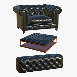 3D model Chesterfield Sofa Realistic Leather Table Ottoman