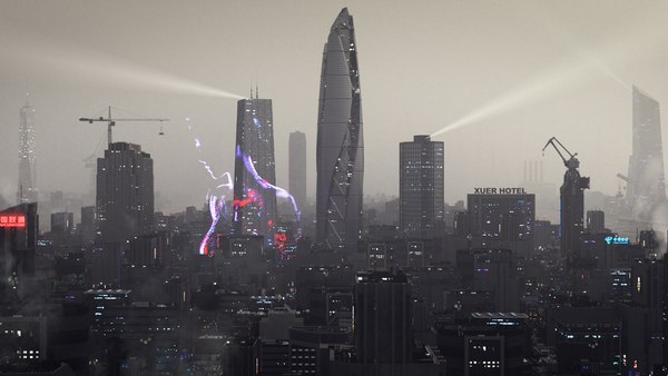 3D C4D Octane render Cyberpunk city CBD sea river building 3D model model