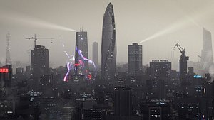 C4D Octane render Cyberpunk city CBD sea river building 3D model