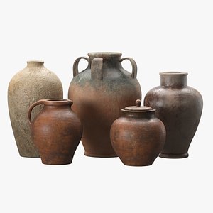 3D Artisan clay vases set 4