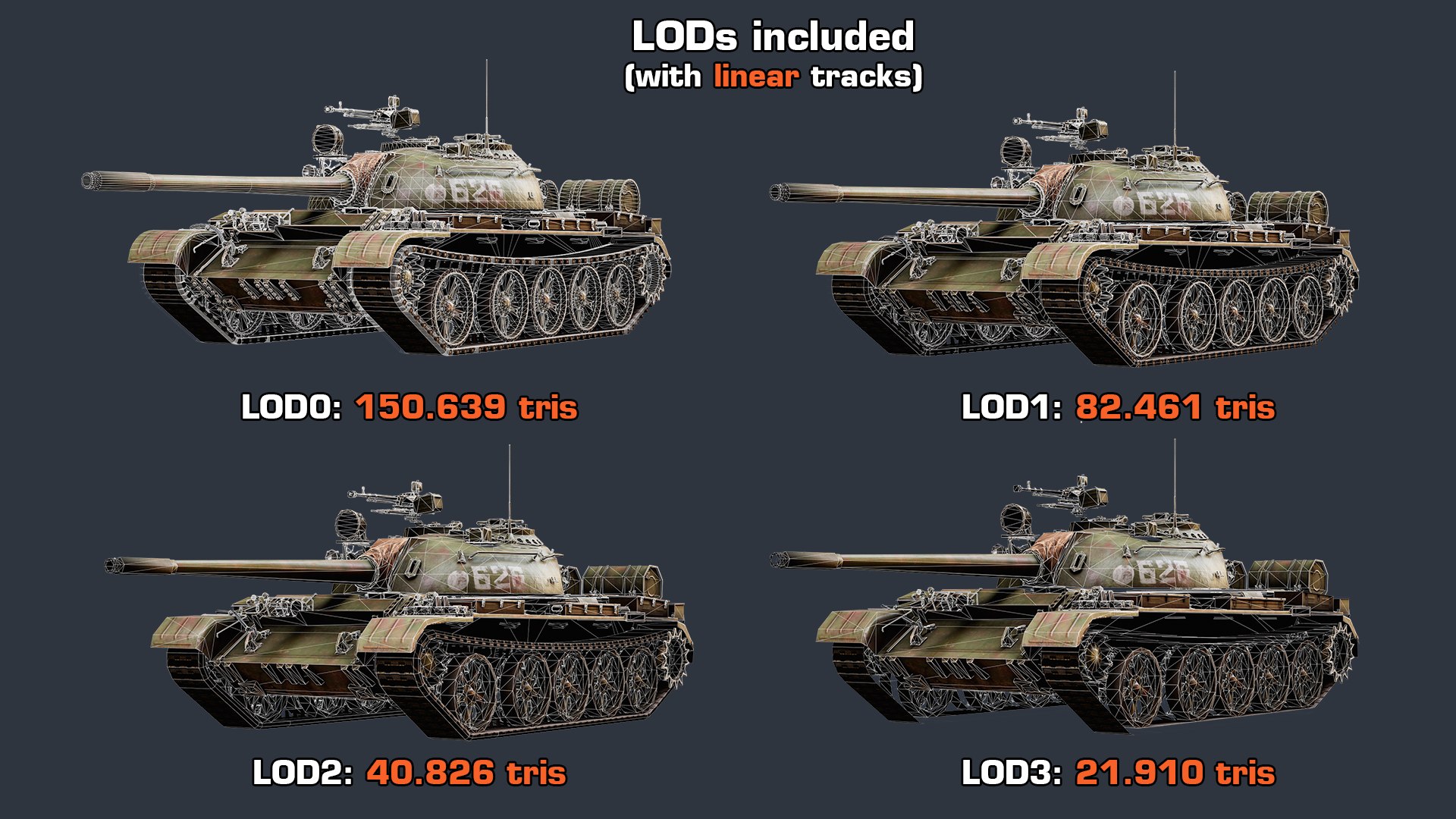 3D model Rigged T55A Tank GameReady LODs https://p.turbosquid.com/ts-thumb/OH/ulfgqr/Lj/lods_linear/png/1697311847/1920x1080/fit_q87/3ca4ba7c85c1b54df769ab2e93a98dacec61c1e6/lods_linear.jpg