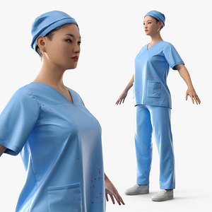 Female Surgeon Character Blue Bloody T Pose Fur 3D model
