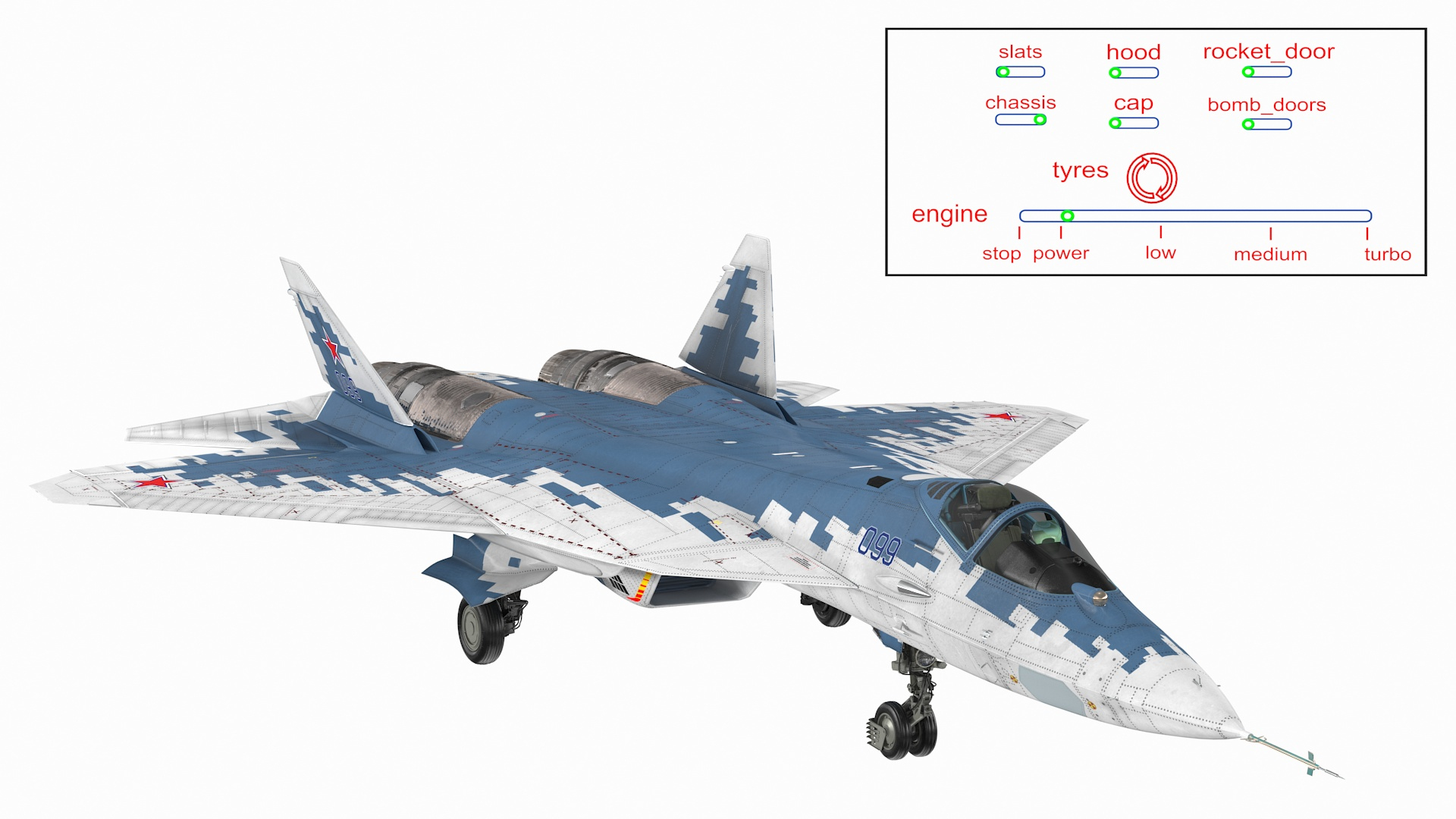 su 57 stealth jet fighter 3D model https://p.turbosquid.com/ts-thumb/OL/scAlVa/dkUT13O4/su_57_stealth_jet_fighter_pixel_camouflage_rigged_360/jpg/1599725260/1920x1080/turn_fit_q99/2a098479d8a79fec6765c6bda77b10c02e04f51c/su_57_stealth_jet_fighter_pixel_camouflage_rigged_360-1.jpg