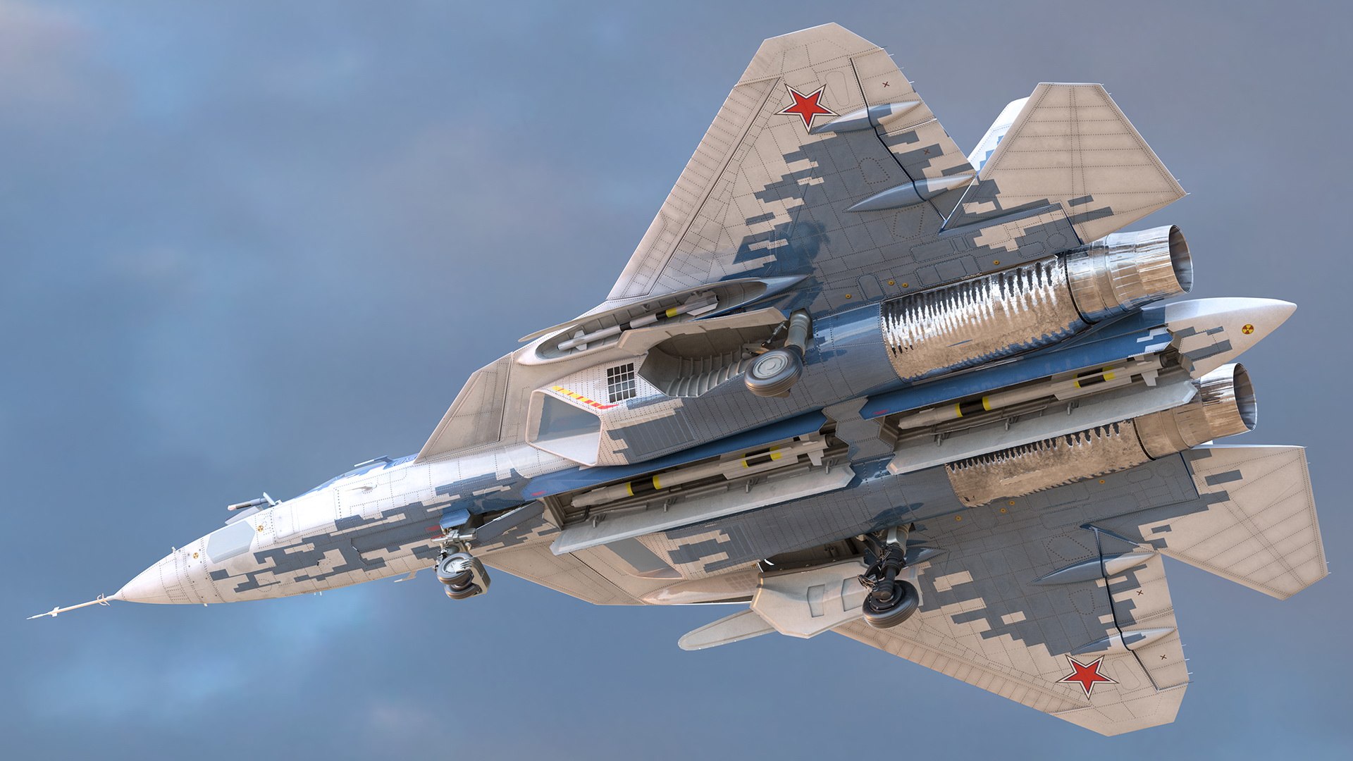 su 57 stealth jet fighter 3D model https://p.turbosquid.com/ts-thumb/OL/scAlVa/xvM0W06v/su57stealthjetfighterpixelcamouflageriggedmb3dmodel006/jpg/1599727824/1920x1080/fit_q87/61be91f5daadbef27886a3462b9444b622f821b7/su57stealthjetfighterpixelcamouflageriggedmb3dmodel006.jpg