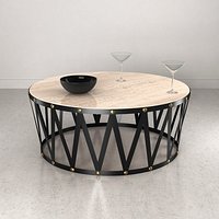 Bassett Travertine Drum Round Cocktail Table with cocktail glass