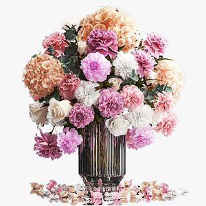 Beautiful bouquet in glass vase rose peonies hydrangea 297 3D model