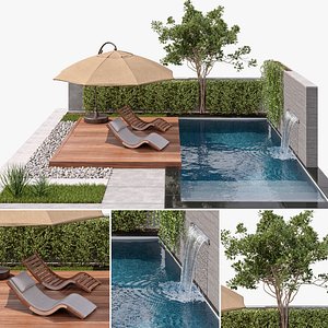 3D Backyard with Pool  plants  Furniture