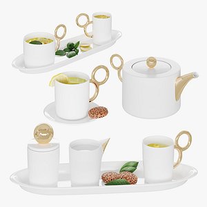 N6 DISHES Modern Tea Set with Gold Handles  3D Model of Porcelain Tea Accessories