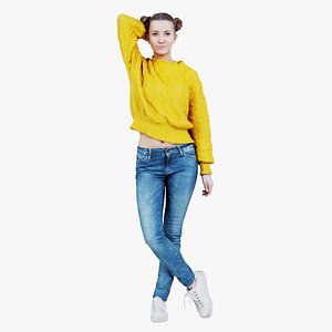 Woman in Yellow Cardigan Sneakers and Jeans Posing 2 Remastered 3D model