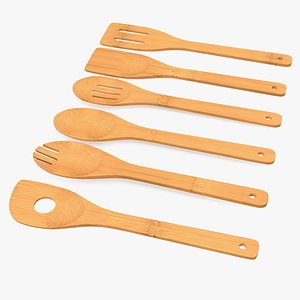 3D wooden spoon utensil set model