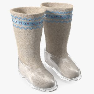 Warm White Felt Boots With Transparent Galoshes Fur 3D model