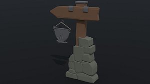 Low-poly Cartoon fantasy tavern road sign Polygonal Style 3D