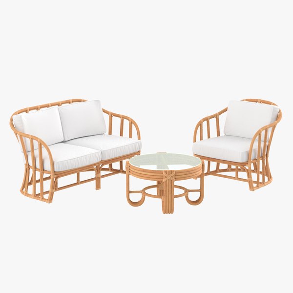 Vintage Rattan Furniture with Cushions Set 3D model