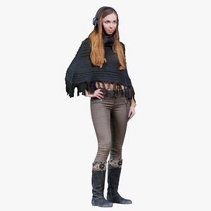 3D Woman in Poncho and Headphones Remastered model
