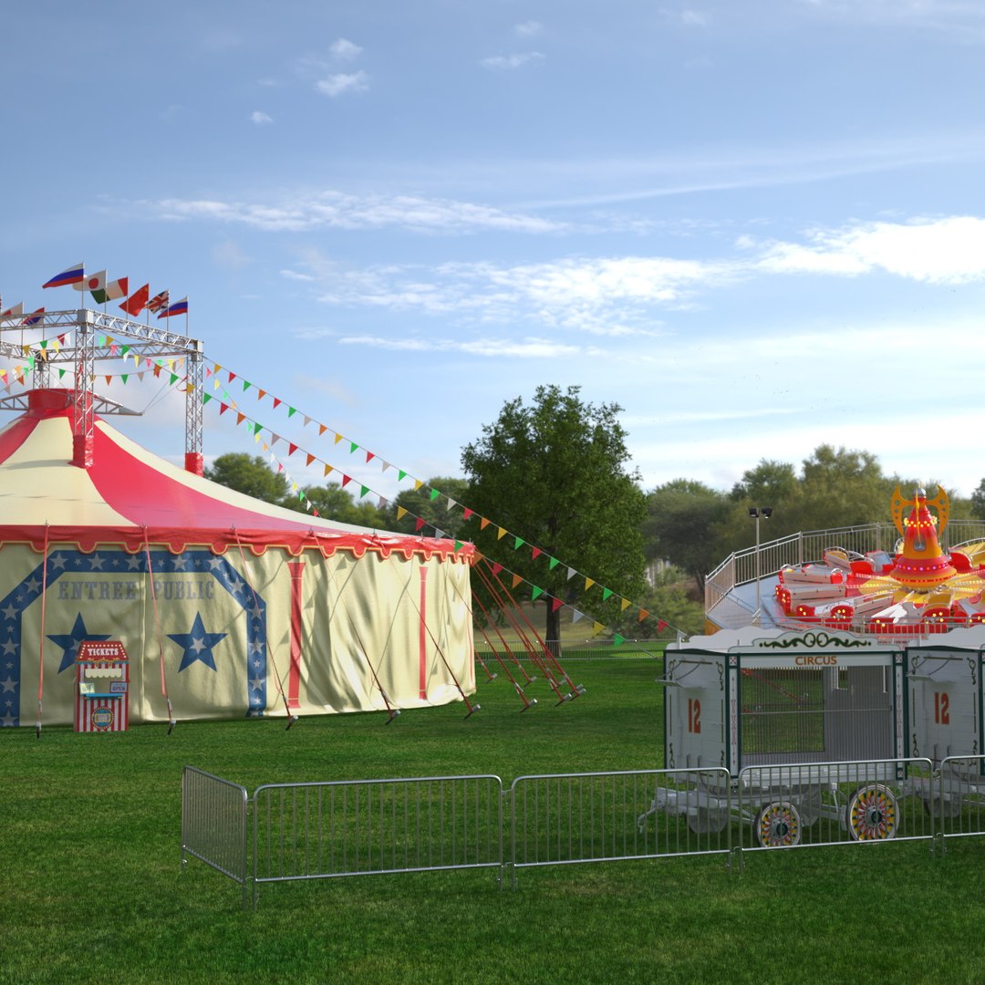 Outdoor Carnival Scene with Rides and Circus Tent with Fur 3D model preview