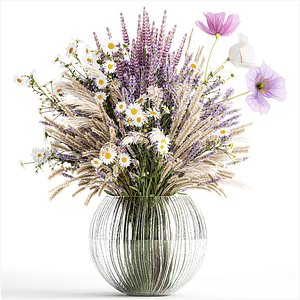 3D Bouquet of wildflowers lavender chamomile poppy pampas 417