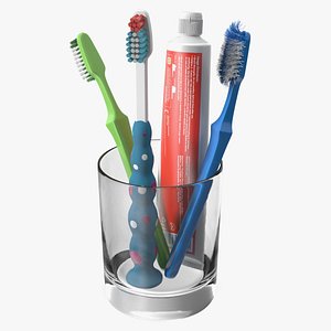 3D Toothbrushes and Toothpaste in Glass Cup