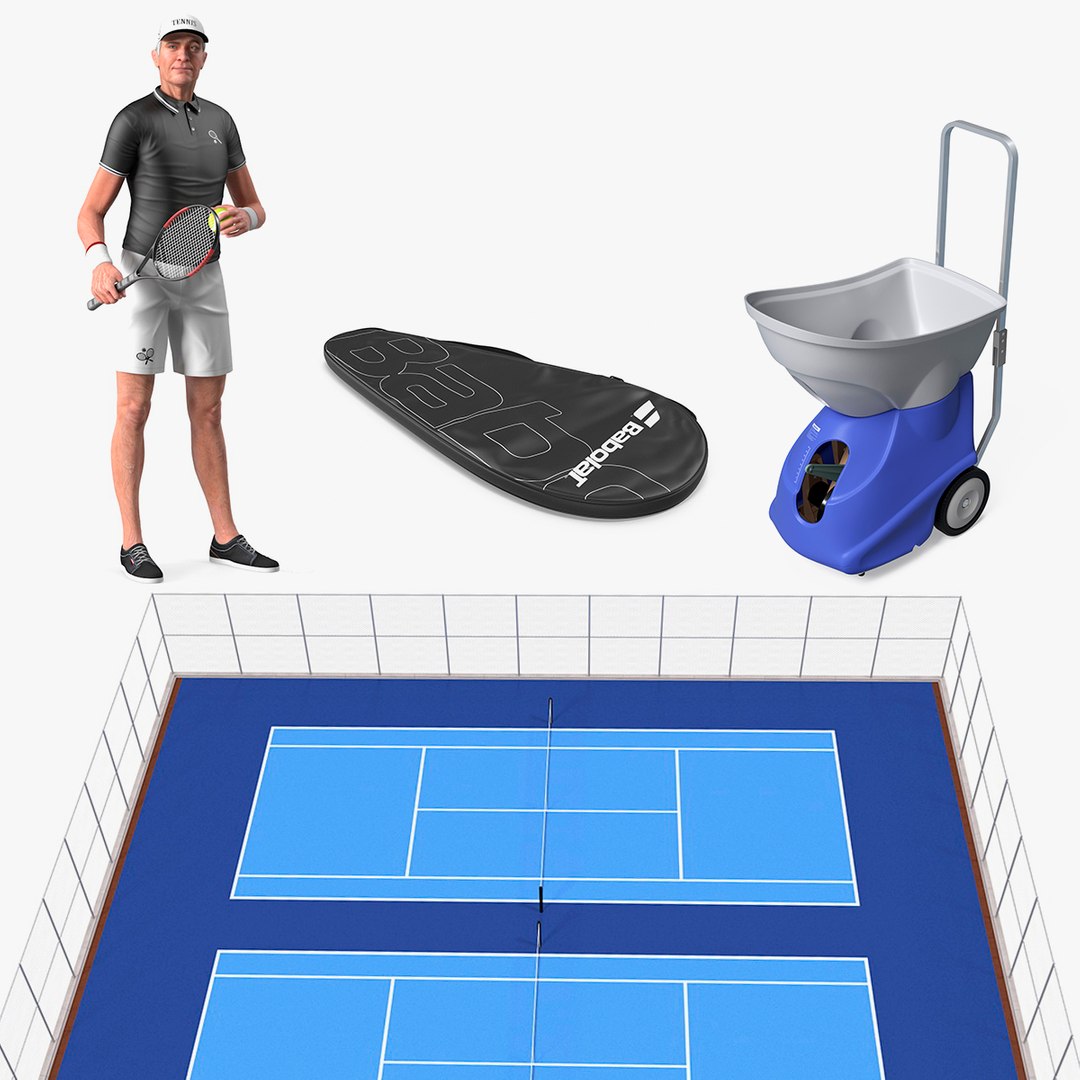 Rigged  Elderly Man Sport Wear with Tennis Equipment Collection 3D model preview
