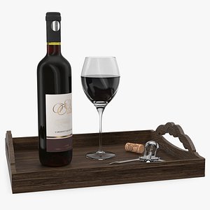 Wine Bottle with Corkscrew on Wooden Tray 3D Model