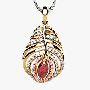 3D 8mm Marquise Feather Shape Undercut Gems Set Gold Pendant