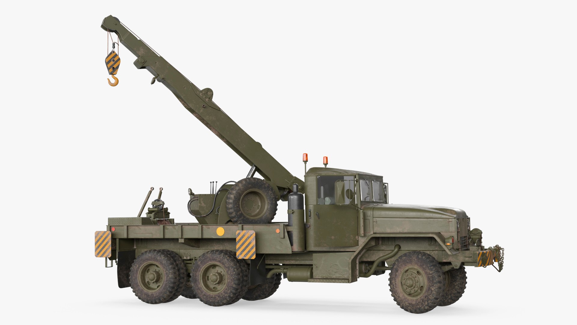 Army Wrecker Crane Truck Dirty Rigged 3D model for vehicle visualization, games, animation, transport scenes, and automotive rendering