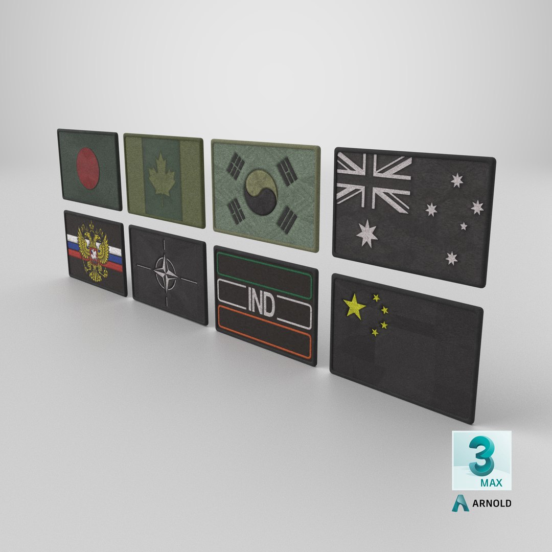 Tactical World Flag Patch Set 3D https://p.turbosquid.com/ts-thumb/Oc/R5oQUt/3r/stemcell_max_arnold_render/png/1788870733/1920x1080/fit_q87/1662f5e67a06781f942de9f59588b971cf478956/stemcell_max_arnold_render.jpg