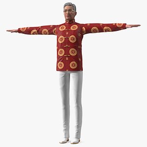 Asian Old Aged Man Traditional Wear T-Pose