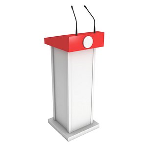 Speaker Podium. White and Red Tribune Rostrum Stand with Microphones