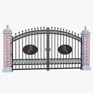 Wrought Iron Estate Gate with Stone Pillars Horse Emblem Low Poly PBR 4K 3D