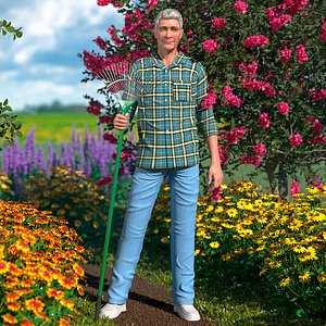 Grey-Haired Man in Plaid Shirt with Rake Rigged for Maya 3D