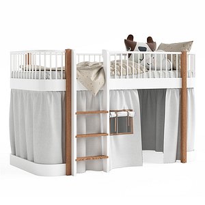 White and Oak Wood Low Loft Bed by Oliver