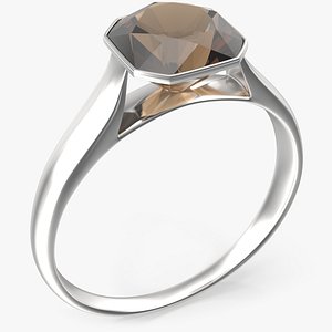 3D Asscher Cut Smokey Topaz On Silver Wedding Ring V01