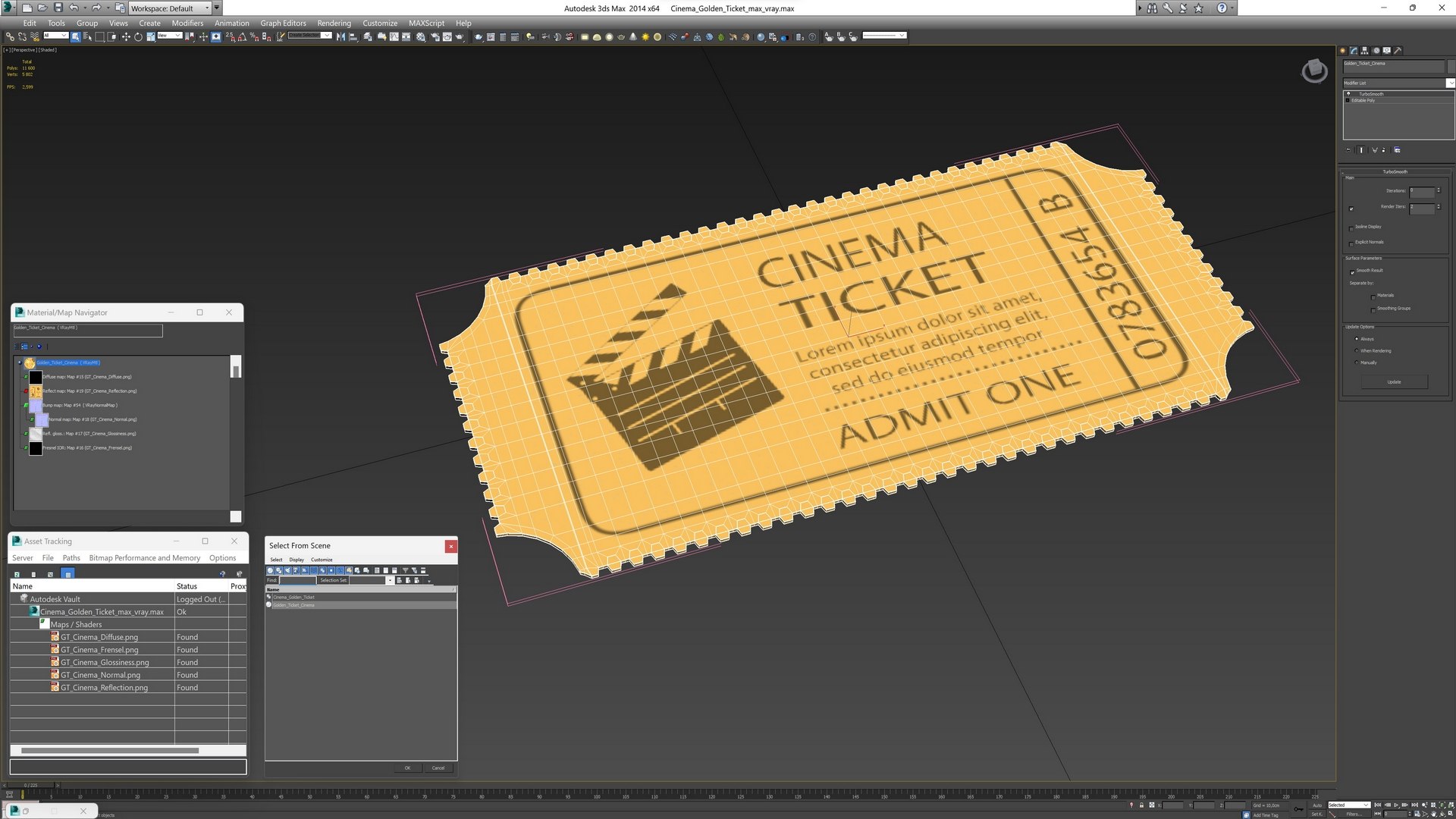 3D Cinema Golden Ticket - TurboSquid 2238378