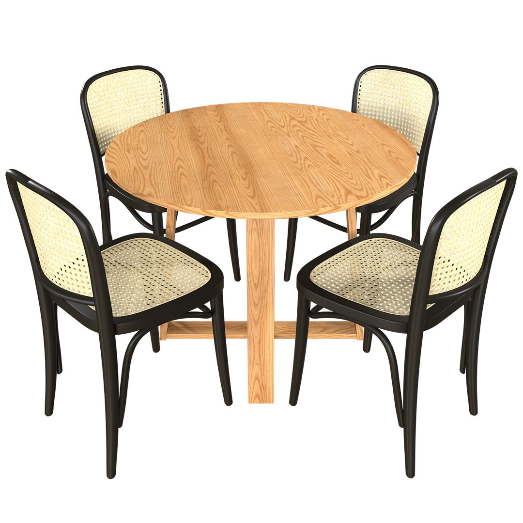 3D Olwen Oak Wood Round Dining Table And Luca Beech Rattan Dining