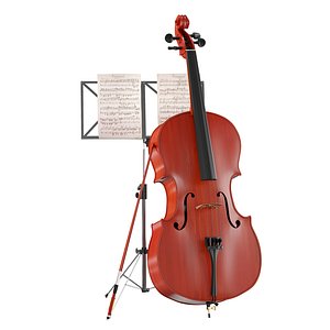 Wooden Cello with Musical Notes and Music Stand 3D