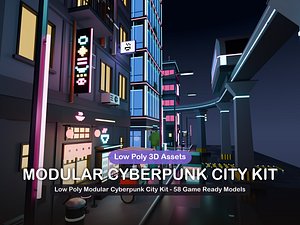 Low Poly Modular Cyberpunk City Kit - 58 Game Ready Models