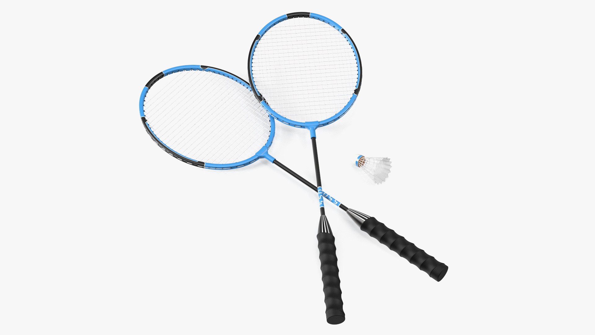 Two Blue Badminton Rackets with Plastic Shuttlecock 3D model preview