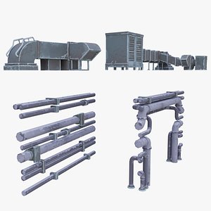 Stylized Industrial Wall Pipes and Roof Vents Pack 3D model
