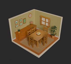 3D model Stylized Isometric Dining Room - Low Poly Interior