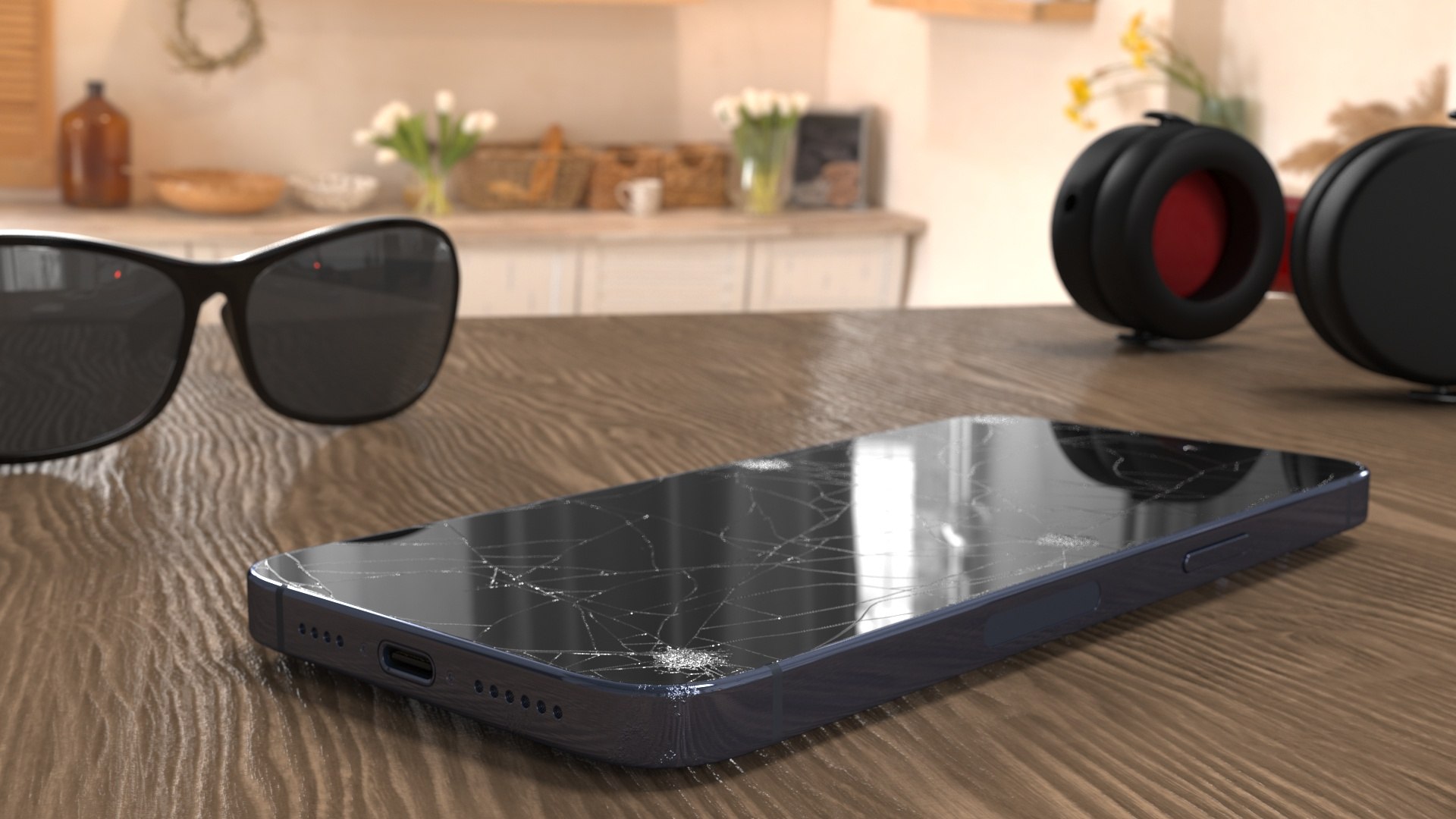 Titanium IPhone 15 Pro Max Blue Cracked 3D model preview