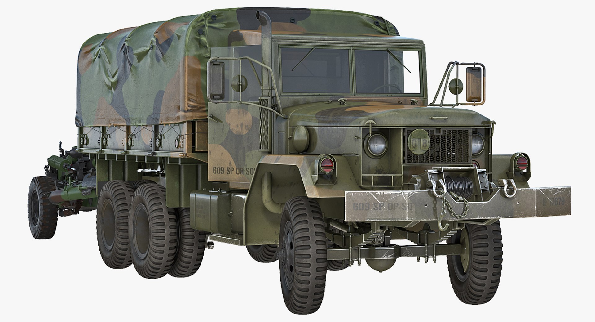 US Military Truck m35a2 with Field Howitzer M119 Rigged 3D Model 3D model preview