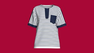 Girls Breton Stripe Cuffed-Sleeve Top With Off Neck 3D model