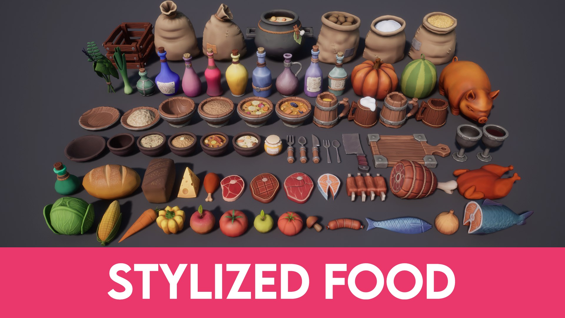 3D Stylized Food 3D Pack With Meat Fruits Vegetables Dishes Model