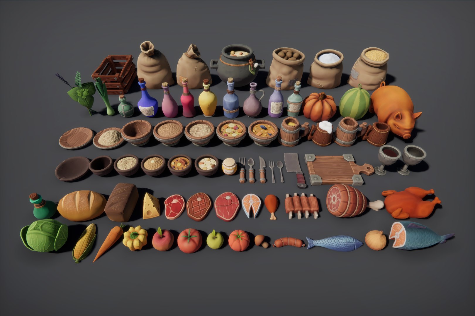3D Stylized Food 3D Pack With Meat Fruits Vegetables Dishes Model ...