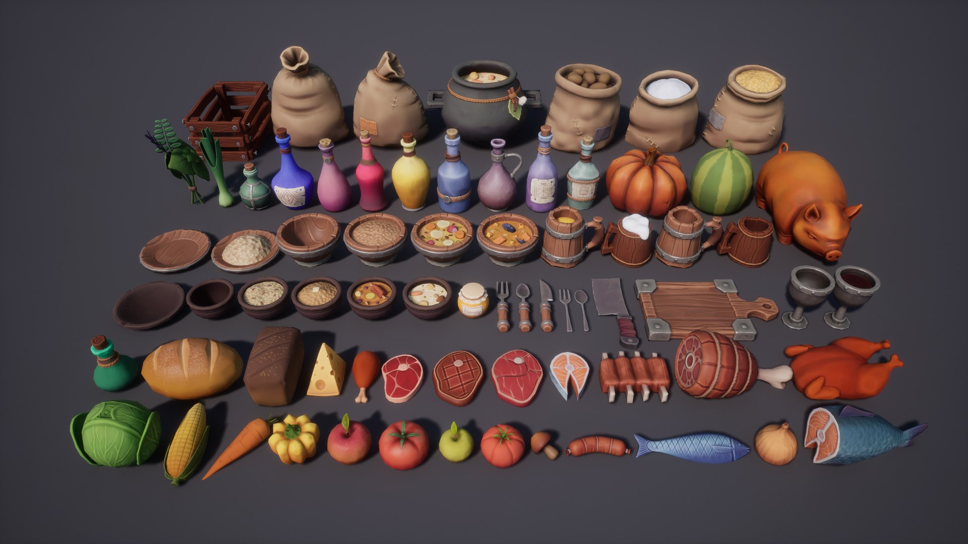 3D Stylized Food 3D Pack With Meat Fruits Vegetables Dishes Model ...