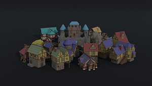 Low-poly Cartoon medieval city asset Polygonal Style